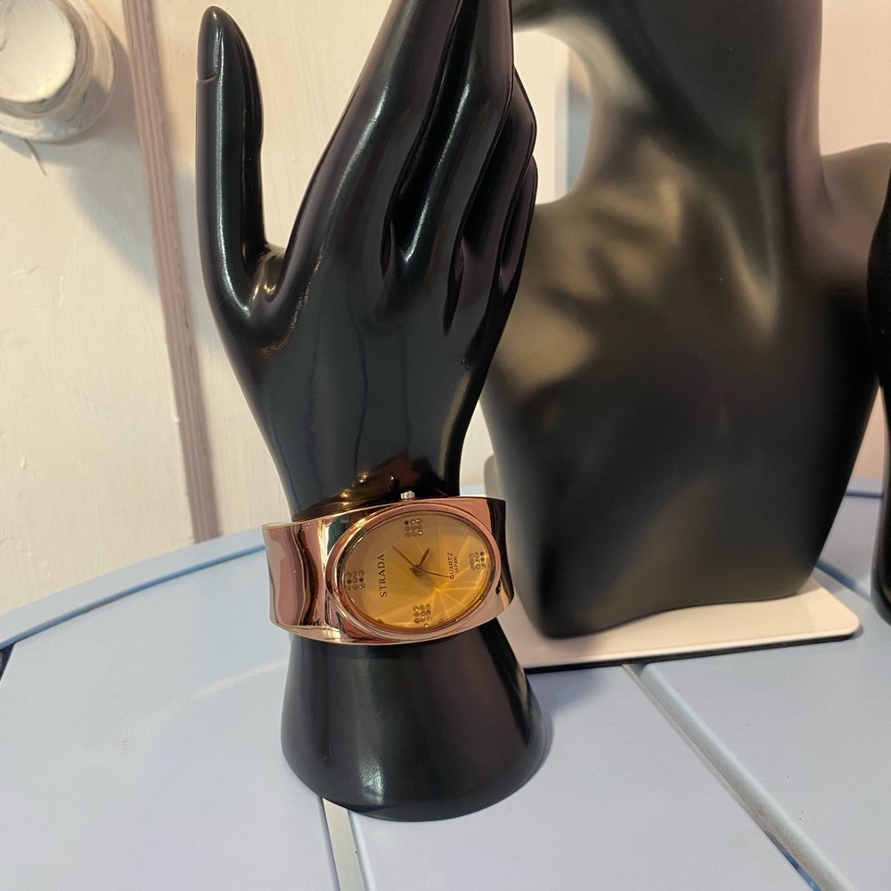 Strada Quartz Japan Rose Gold Tone Bangle Cuff Watch Rhinestone Dial